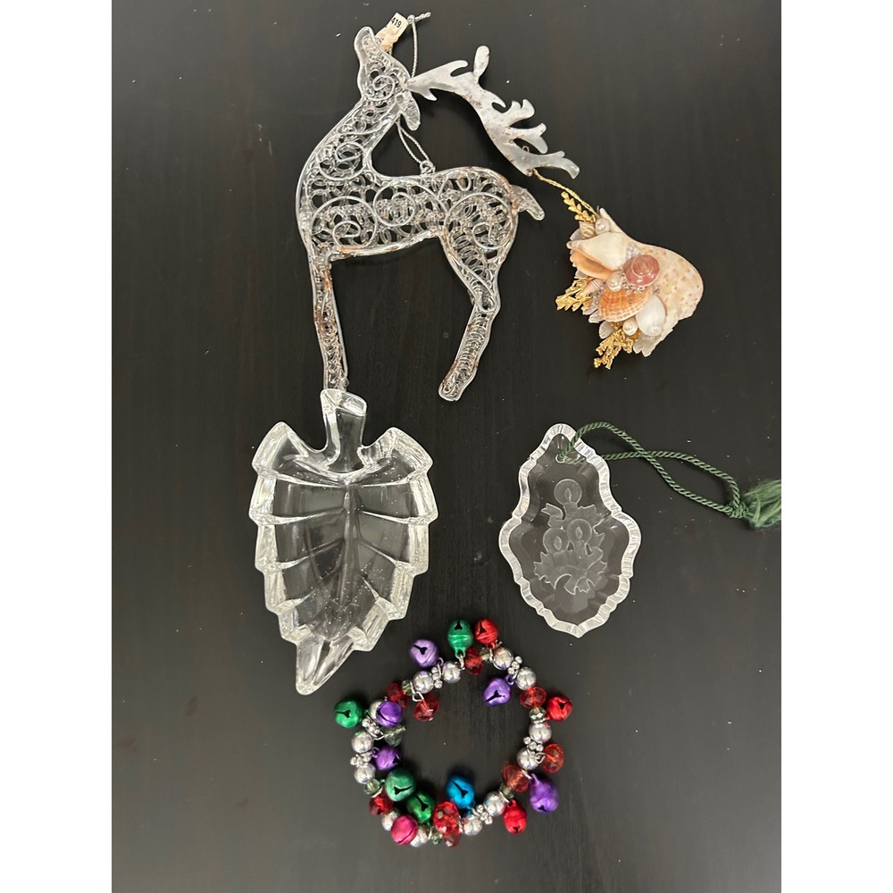 Christmas Lot Ornaments Reindeer Glass Leaf Seashell Jingle Bell Vintage 8pc